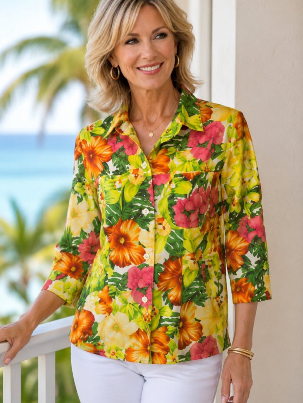 AJ Clothing Company Floral Tropical Jacket Women Medium Bright  Floral Cruise
